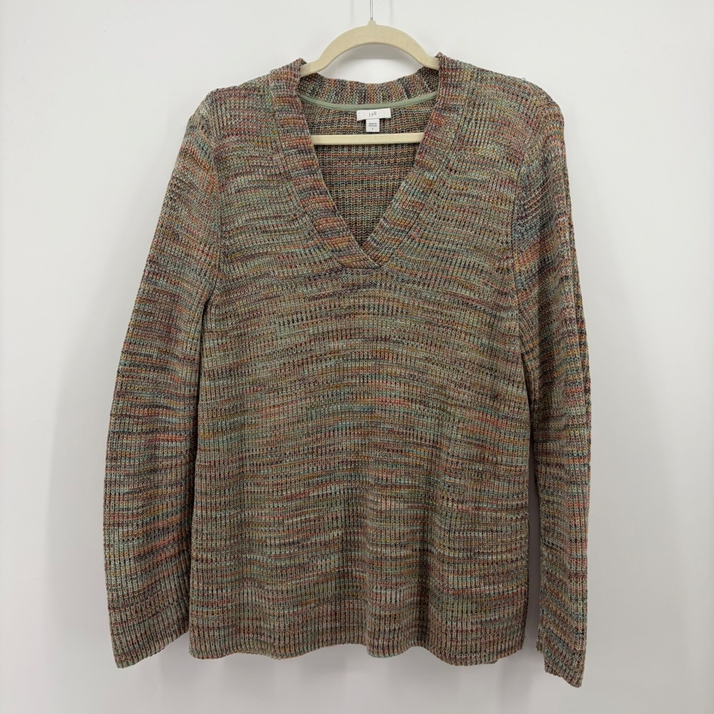 J. Jill Womens L Multi Color V-Neck Space Dye Marled Cotton Blend Pullover